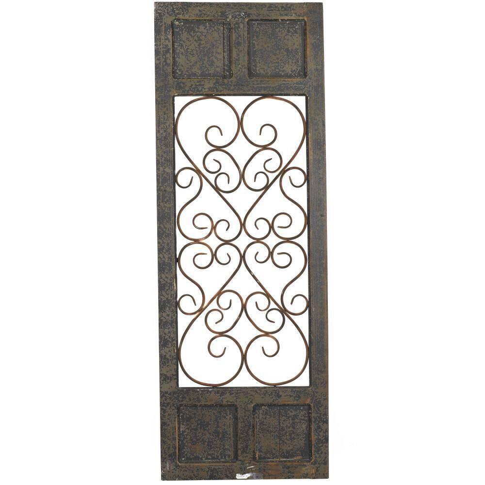 Olivia & May Traditional Wood Scroll Window Inspired Wall Decor with Metal Scrollwork Relief Brown: Vertical Iron Frame, Carved Art Object