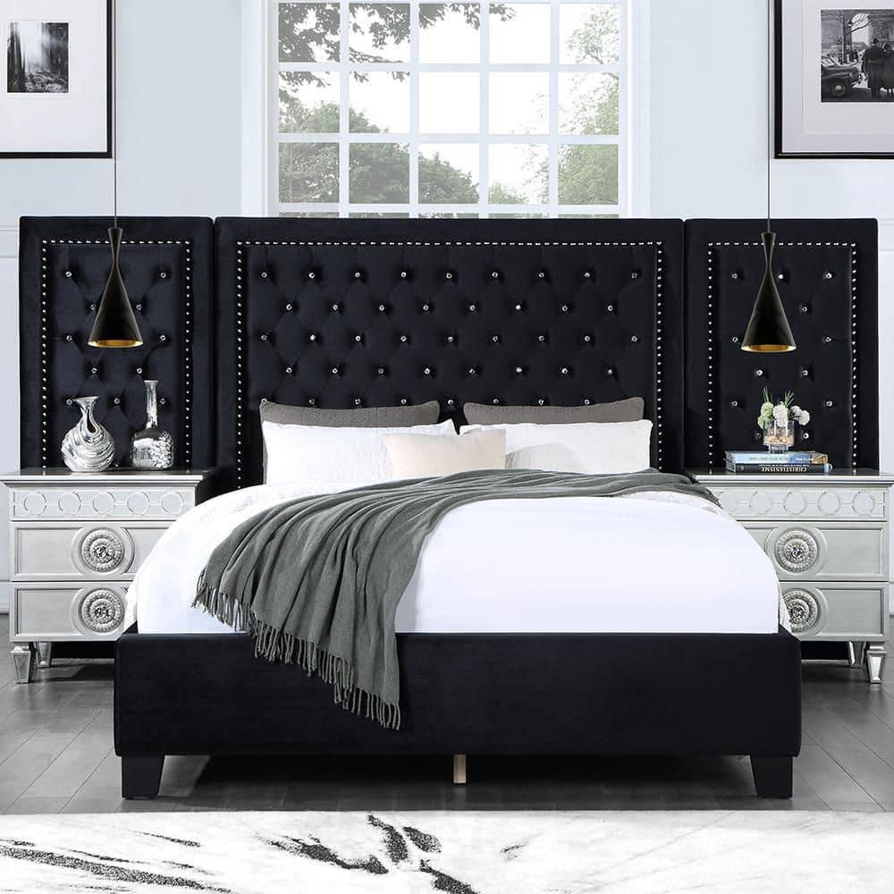 Damazy 86" King Bed Black Velvet - Acme Furniture: Crystal-like Tufting, Nailhead Trim, No Box Spring Required