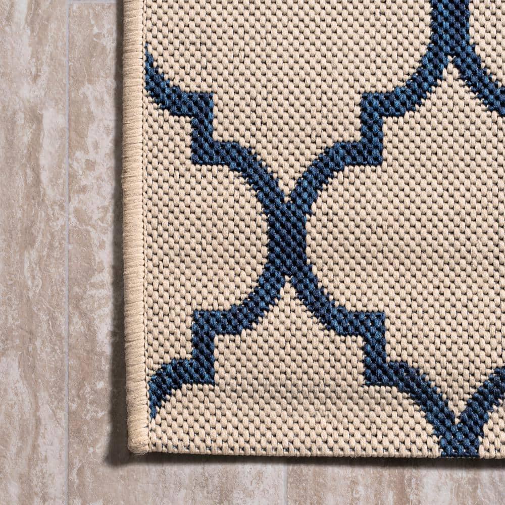 Arabesque Ogee Trellis Beige/Navy 2 ft. x 8 ft. Indoor/Outdoor Runner Rug