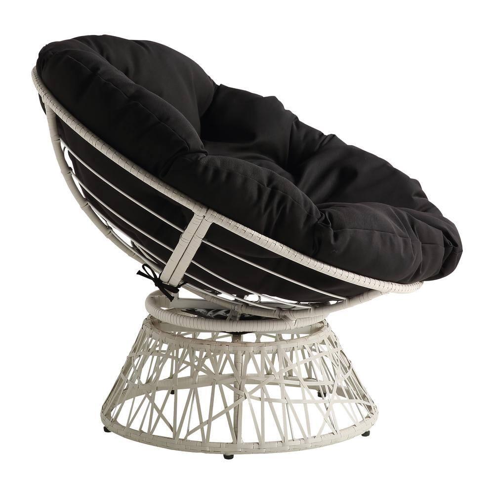 Papasan Chair with Black Round Fabric Pillow Cushion and Cream Wicker Weave