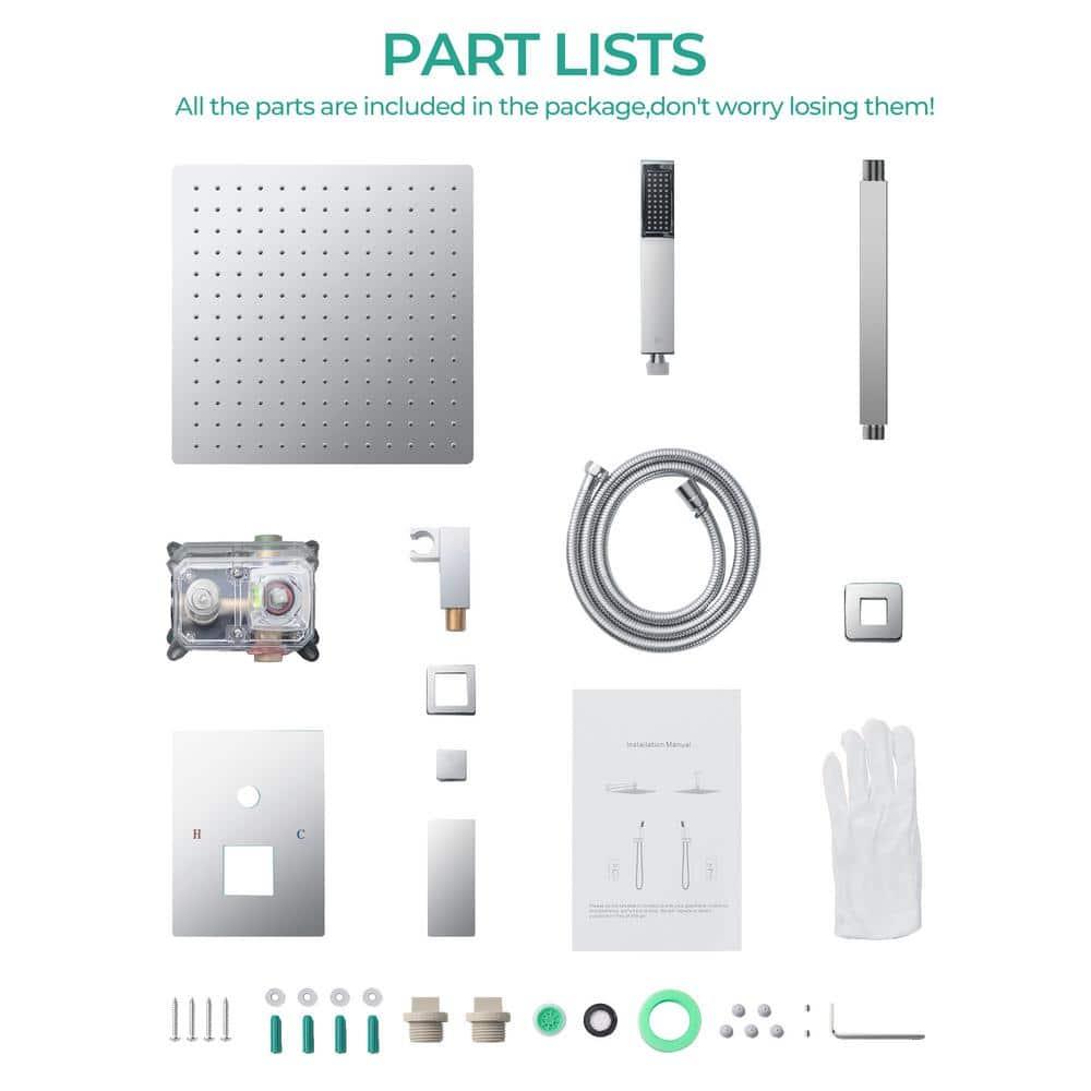 FORIOUS Shower Head System, 12 Inch Rain Shower Faucet Set with Handheld Spray Combo Rough-in Valve, Solid Brass Pressure Balanced Valve Trim Kit, Ceiling Mount, Chrome