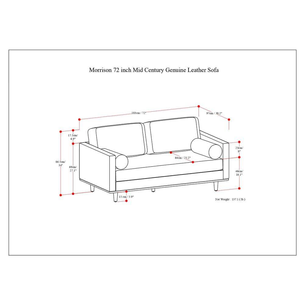 Simpli Home Morrison Genuine Leather Sofa, Mid-Century Modern Couch for Living Room, Handcrafted with Removable Cushions