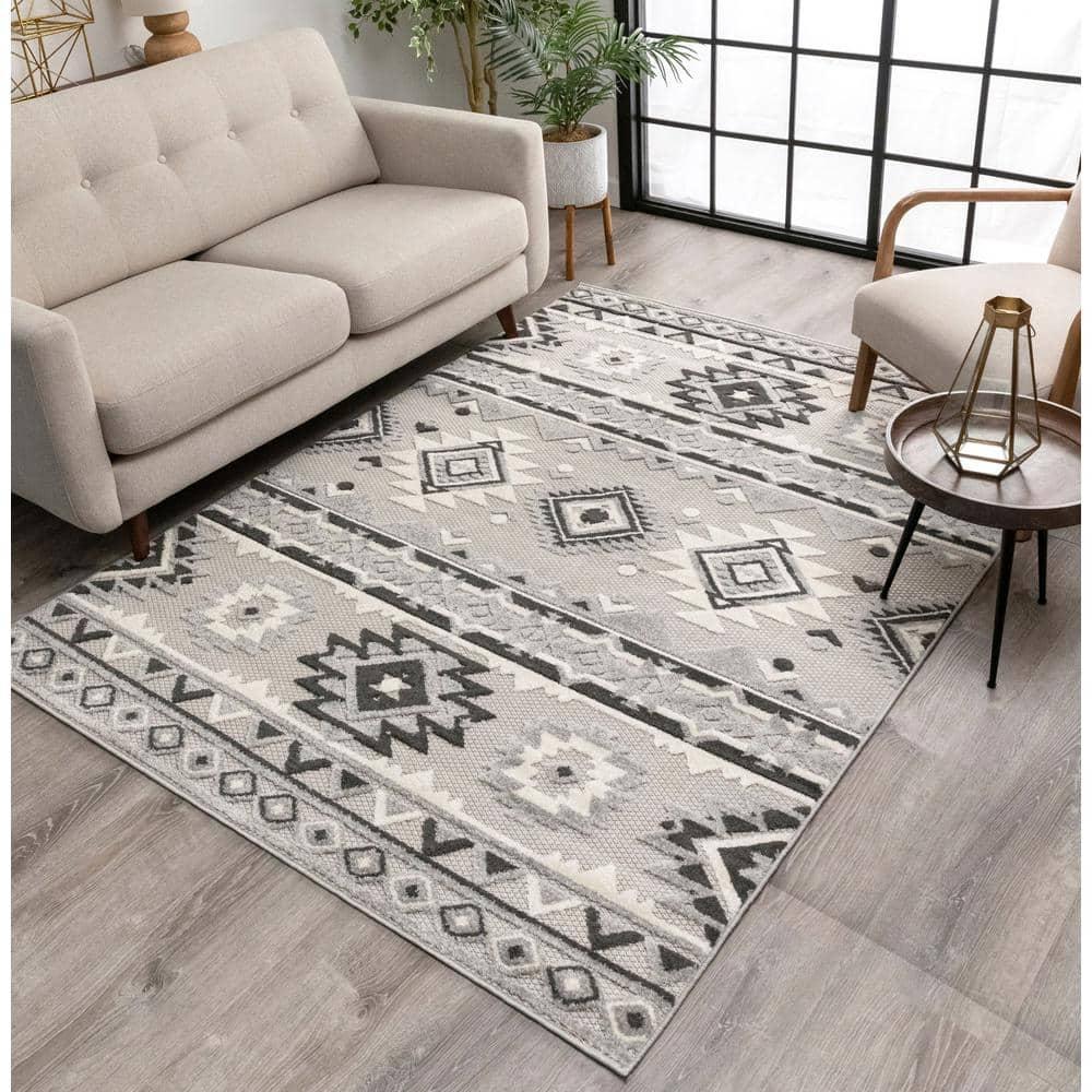 Ebern Designs Dickenson Mamba Geometric Grey Indoor/Outdoor Hi-Lo Area Rug