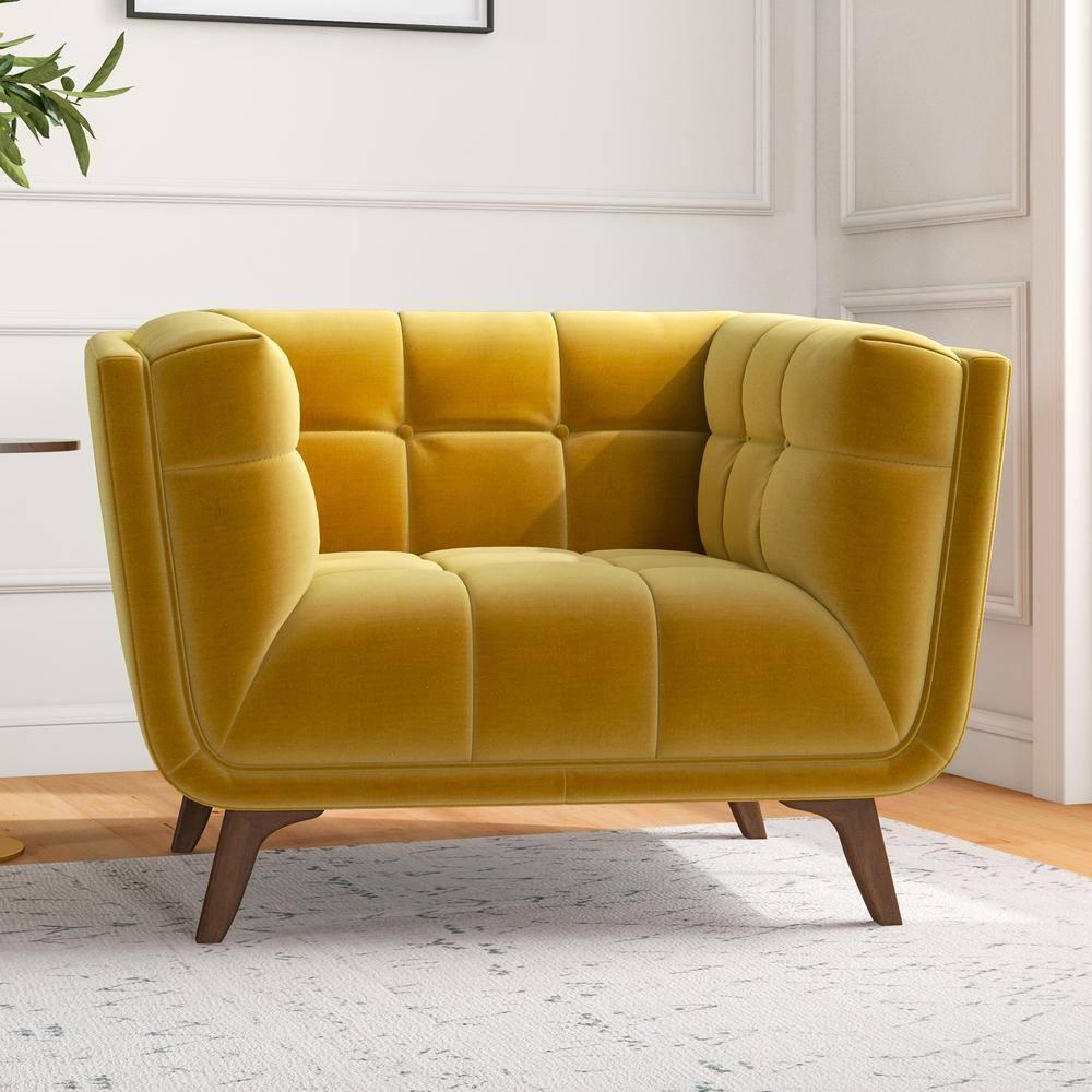 Arcadia Modern Tufted Tight Back Velvet Upholstered Lounge Chair in Dark Yellow