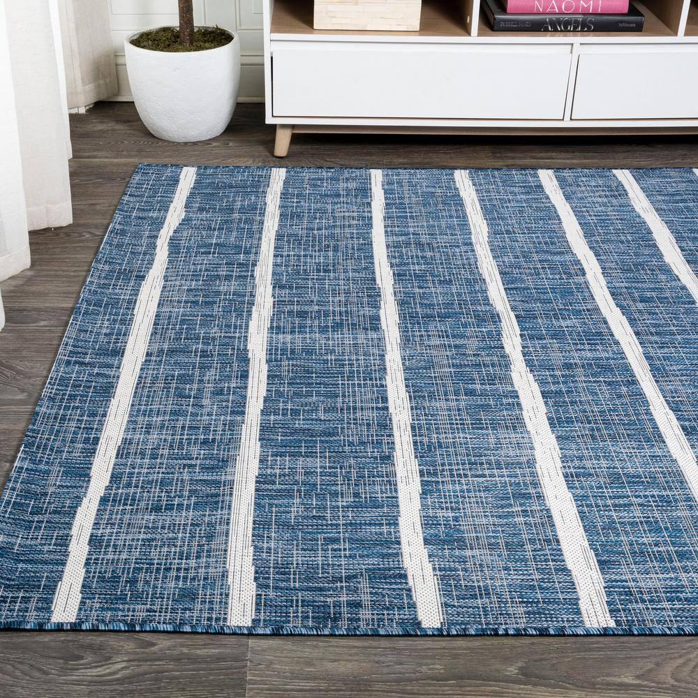 3'x5' Colonia Berber Stripe Indoor/Outdoor Area Rug, Blue/Ivory - JONATHAN Y