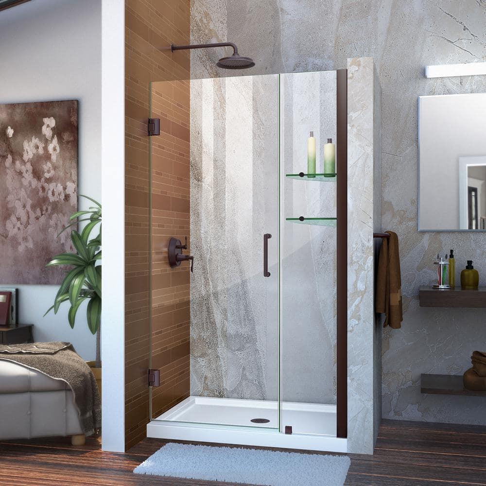 Unidoor Frameless Hinged Shower Door with Glass Shelves