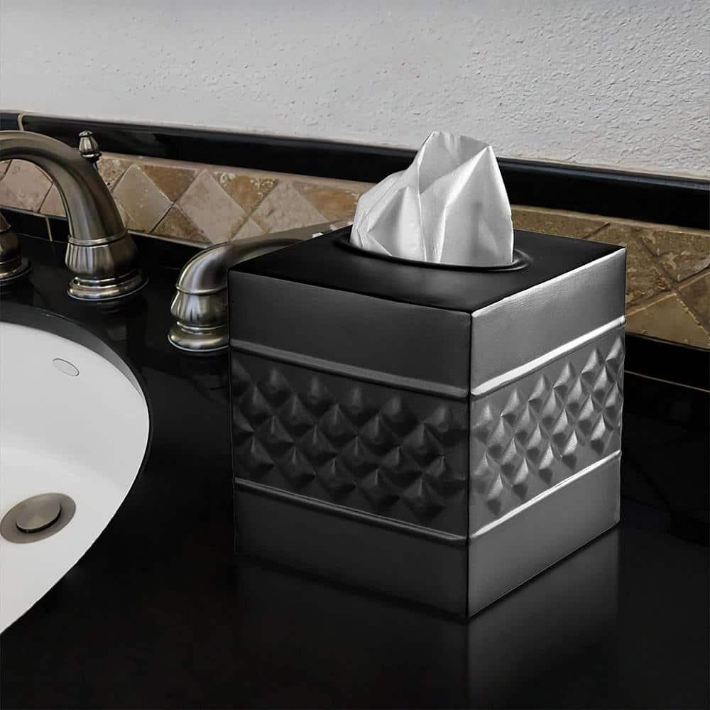 Monarch Abode Tissue Box Cover, Hand Hammered, Metal, Square Tissue Box Holder, Black