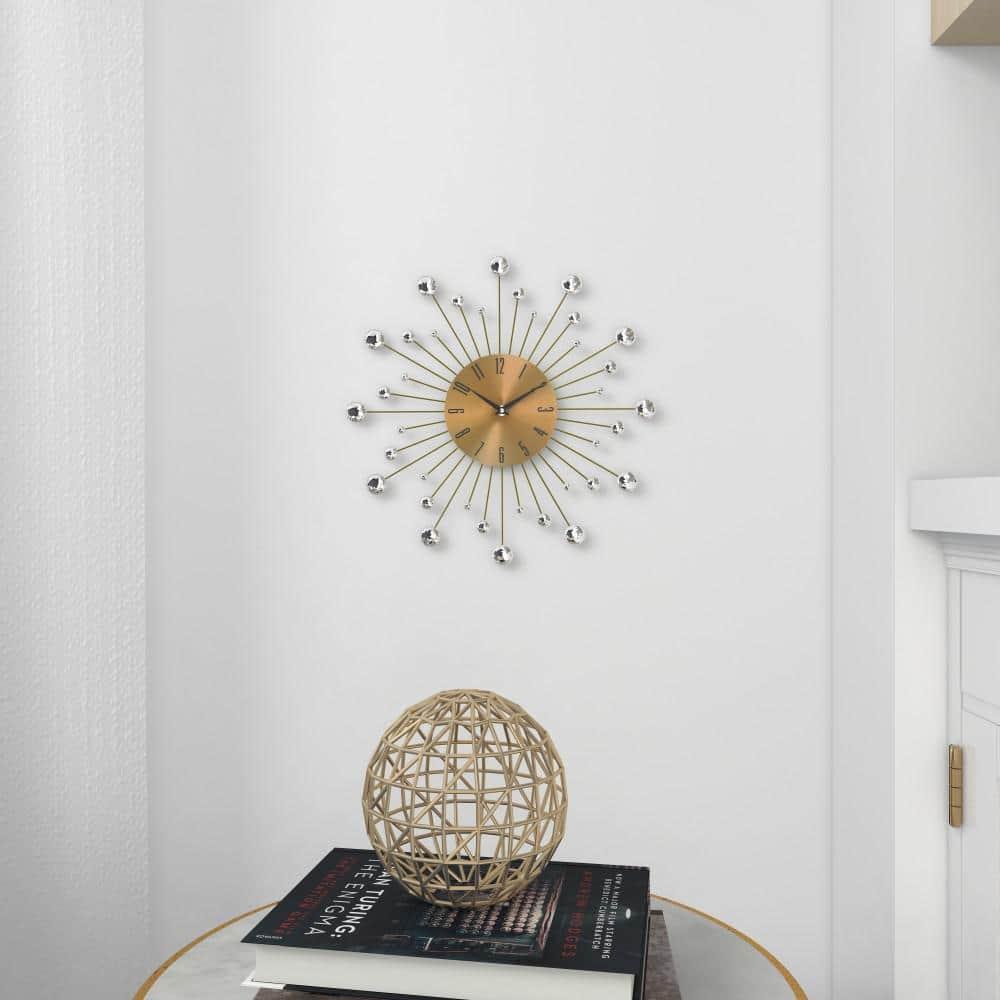 DecMode Gold Metal Glam Wall Clock, 15”L x 0.5”W x 15”H, Features Starburst Design