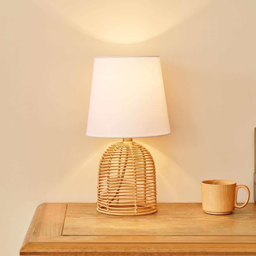 14" Table Lamp, Rattan Base, White Linen Shade, On/Off Rotary Switch on Socket, Table Lamp for Living Room, Home Décor, Lamps for Bedroom, Home Improvements, Room Décor