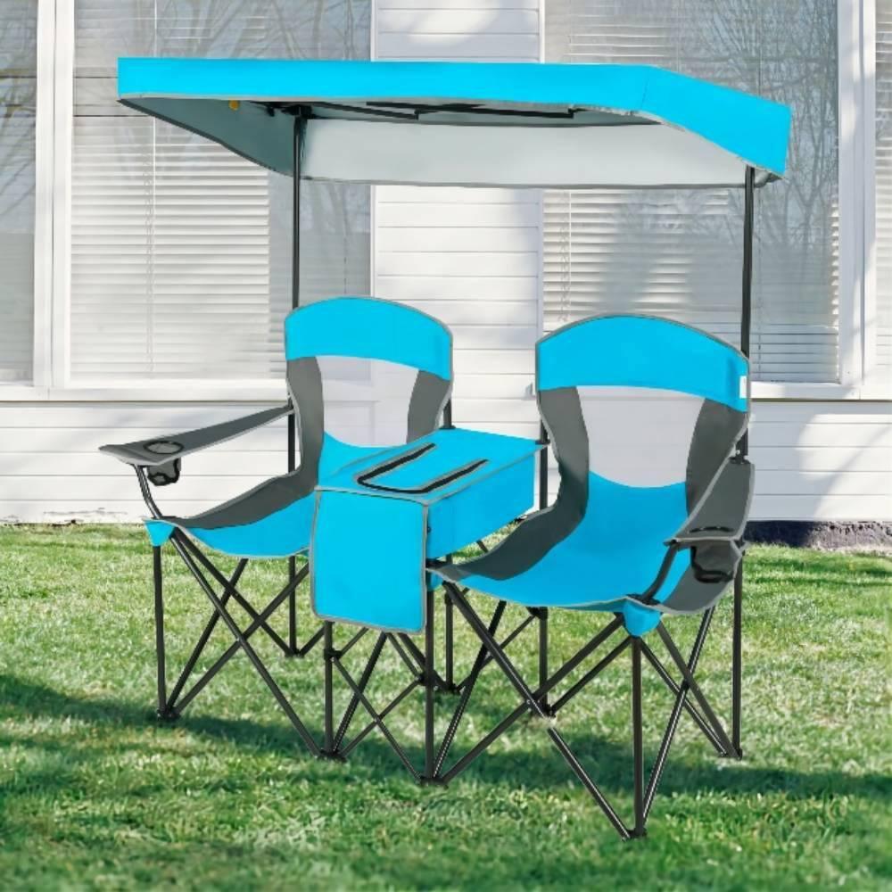Spaco Portable Camping Chair with Umbrella and Back, Outdoor Folding Beach Canopy Chair with Cup Holder, Blue