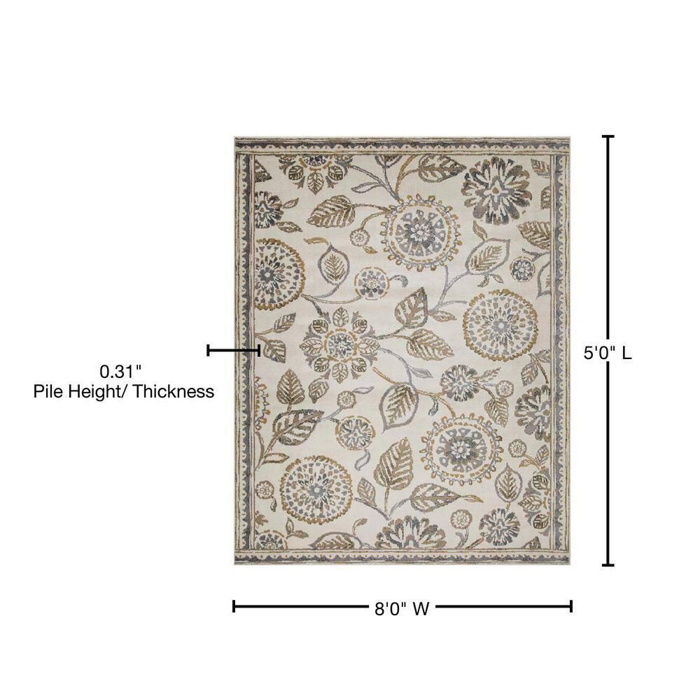 SUPERIOR Indoor Small Area Rug, Jute Backed, Modern Floral Farmhouse Floor Decor, Perfect for Hallway, Entryway, Living/Dining Room, Bedroom, Office, Kitchen, Amary Collection - 5' x 8', Grey