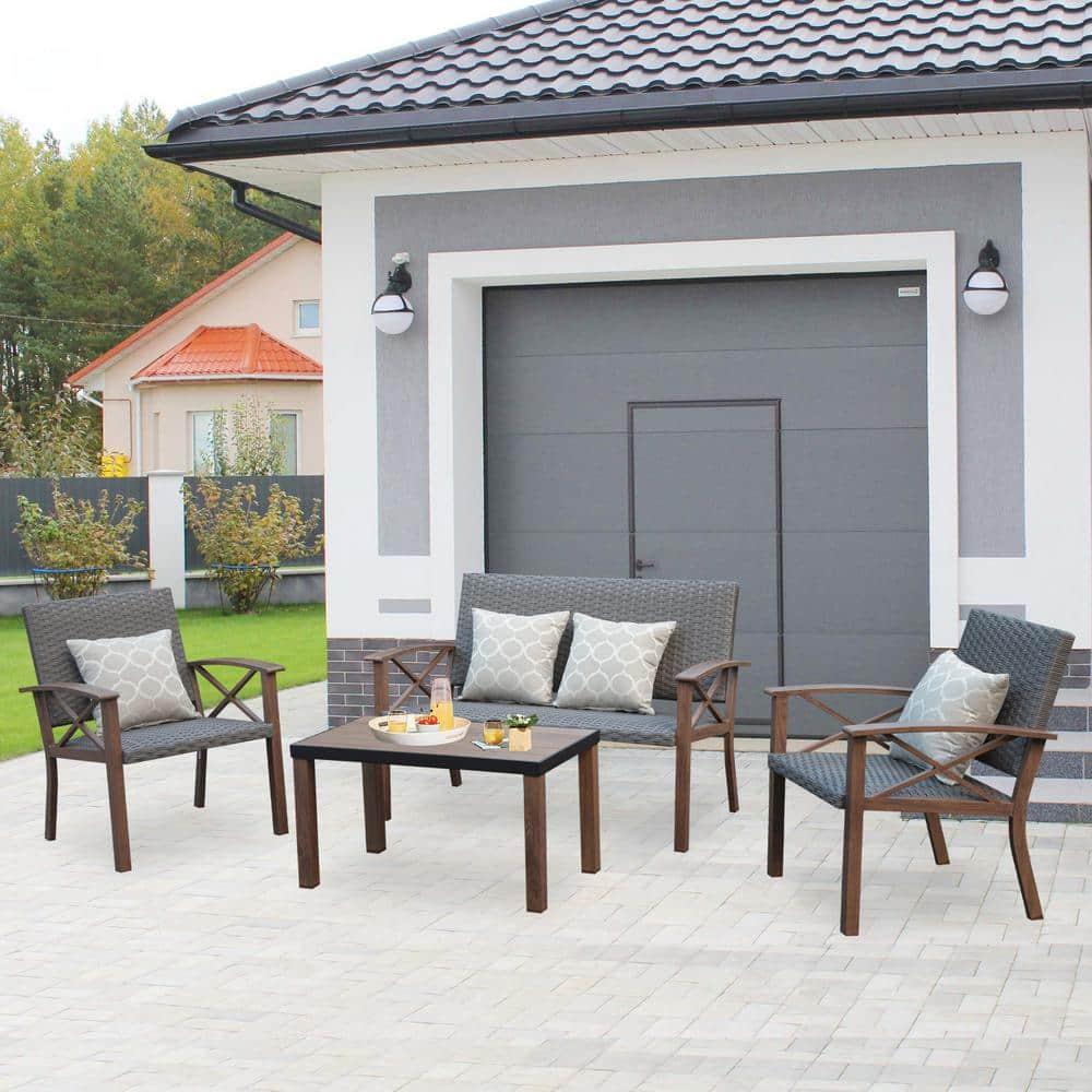 Domi Aluminum Patio Furniture Set, 4-Piece Modern Conversation Set with Cotton Padding Backrests and Seats, Outdoor Sectional Metal Sofa Set with 5.5 Inch Cushion and Coffee Table for Balcony, Garden