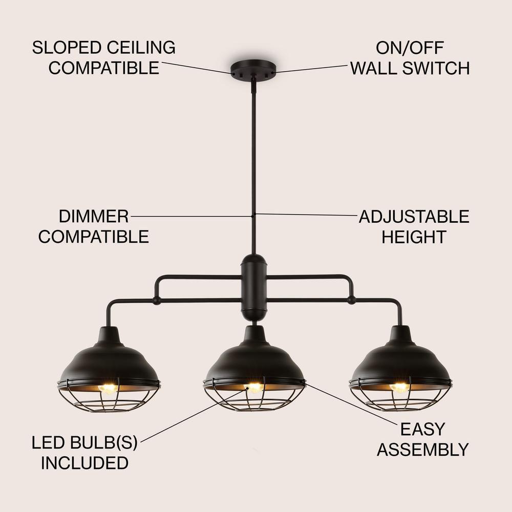 Levi 40.5" 3-Light Industrial Farmhouse Iron Linear LED Pendant, Oil Rubbed Bronze