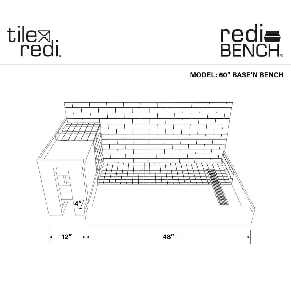 Tile Redi Rt4248r-Sq-Rb42-Kit Base'n Bench 42" X 60" Rectangular Shower Base - Chrome