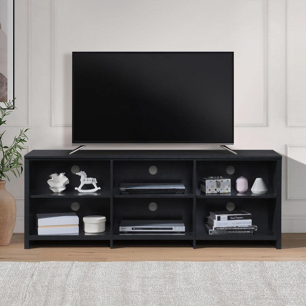 AndMakers 65 in. Modern Black Oak TV Stand For TVs Up To 62" With 6 Open Shelves, Modern Entertainment Center With Storage, TV Console Table