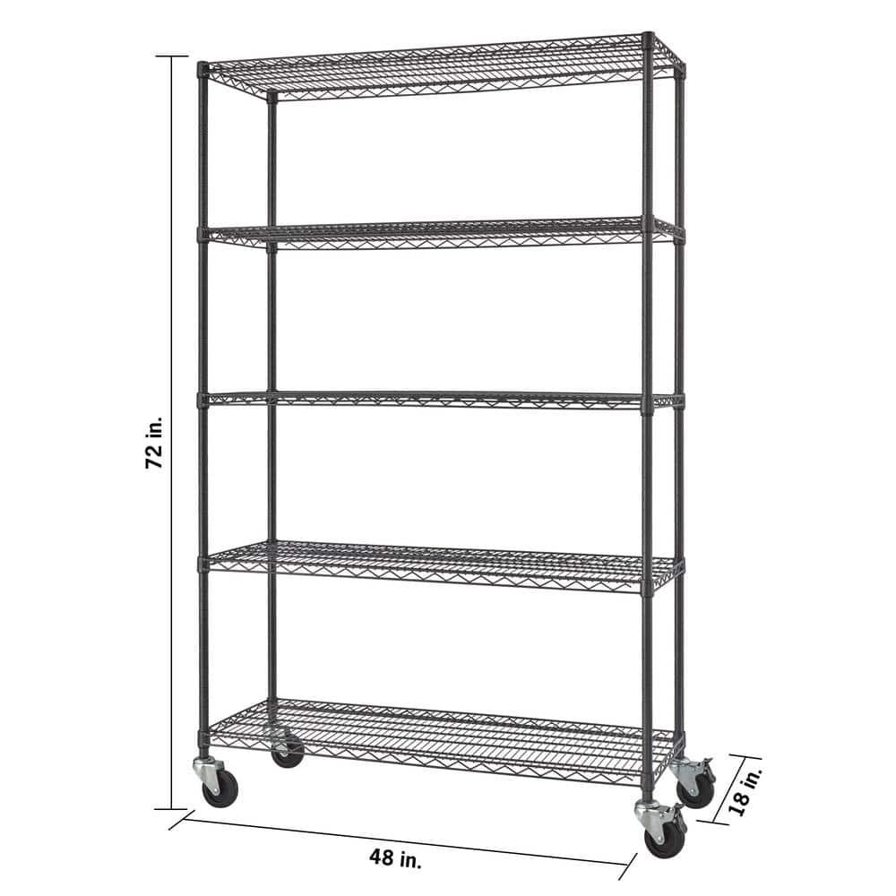 Industrial Black Steel 5-Tier Wire Shelving Unit with Wheels