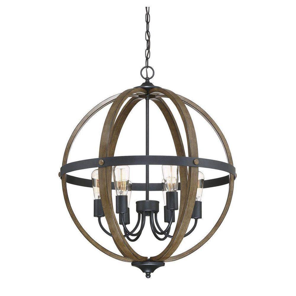 Farmhouse Wood & Black 6-Light Incandescent Pendant Chandelier