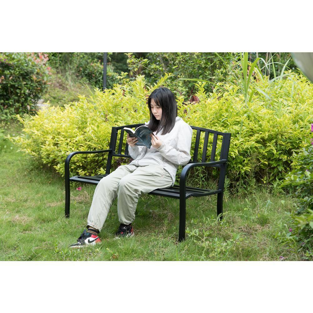 Steel Garden Park Bench Cast Iron Frame Patio Lawn Yard Decor, Black Seating Bench for Yard, Patio, Garden, Balcony, and Deck