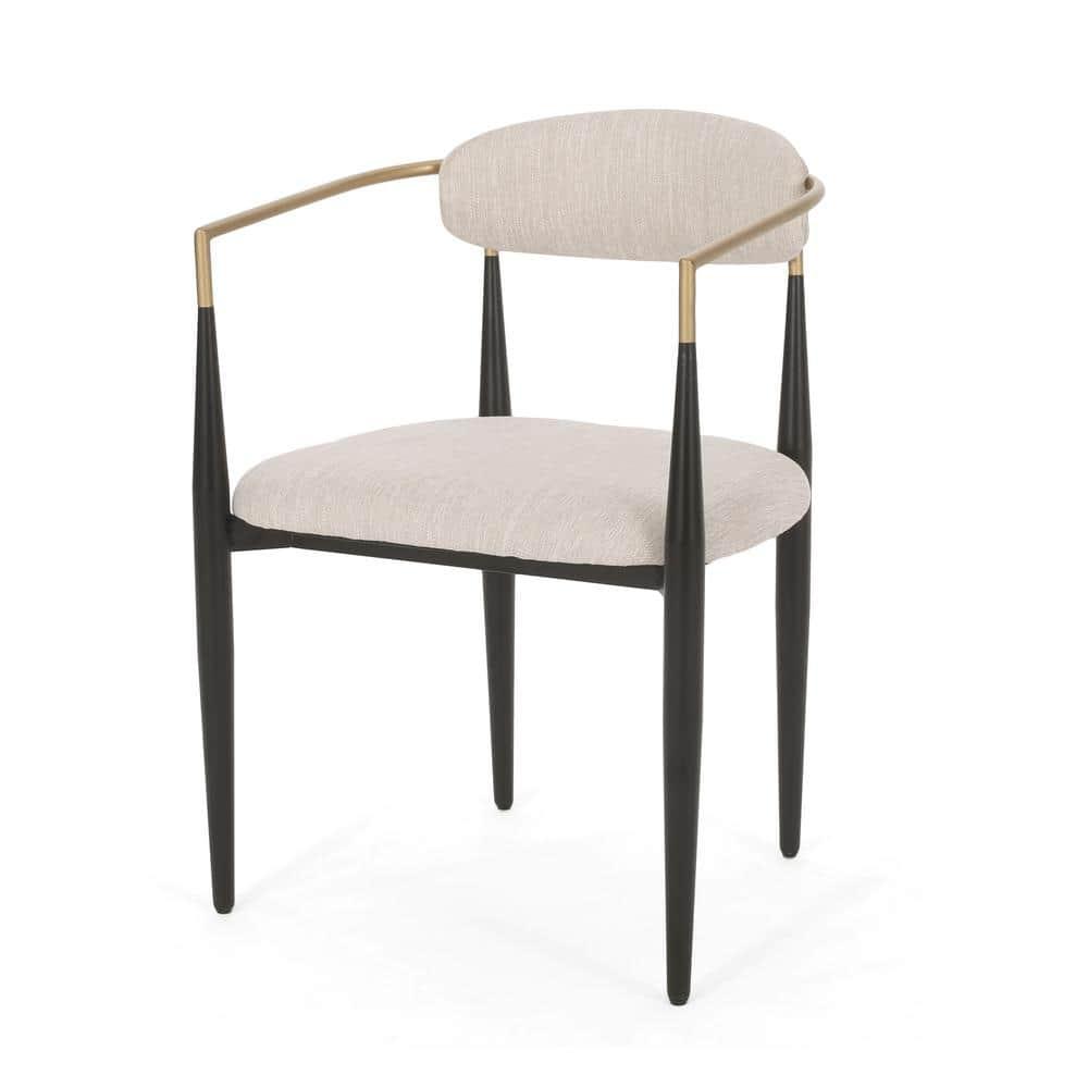 Noble House Boise Fabric Upholstered Metal Dining Chairs, Set of 2, Beige, Black, and Gold