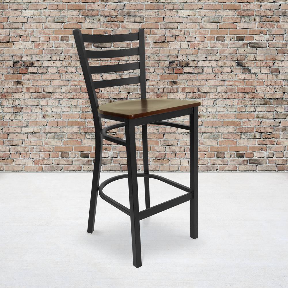 Flash Furniture HERCULES Series Black Ladder Back Metal Restaurant Barstool - Mahogany Wood Seat
