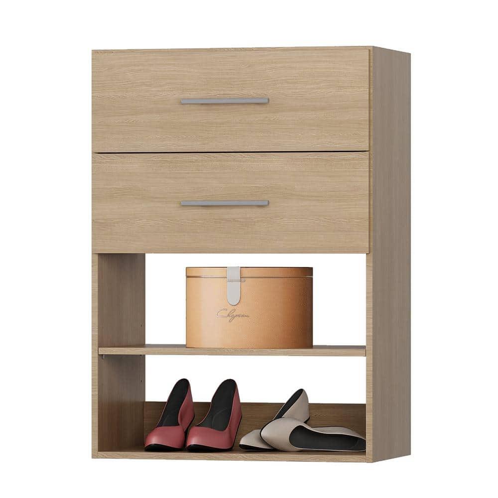 25.5" W Short Tower Wood Built In Closet Organizer Unit, Wood Closet Organizer Starter Kit, Mounted Closet Systems with 2 Drawers