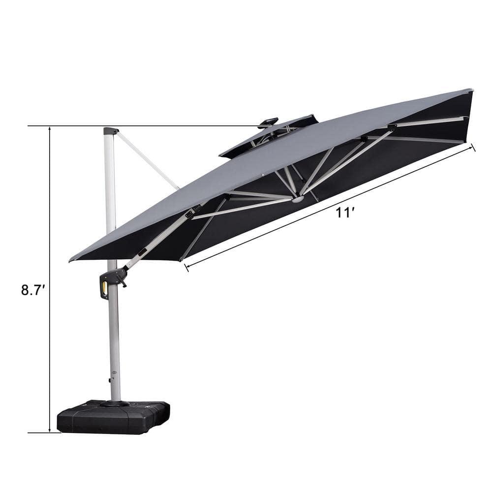 PURPLE LEAF 11FT Square Double Top Deluxe Solar Powered LED Patio Umbrella Outdoor Cantilever Umbrella, Gray