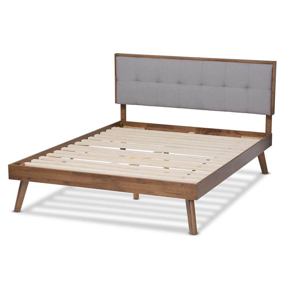Baxton Studio King Alke Fabric Upholstered Platform Bed Light Gray/Walnut: Wooden Slats