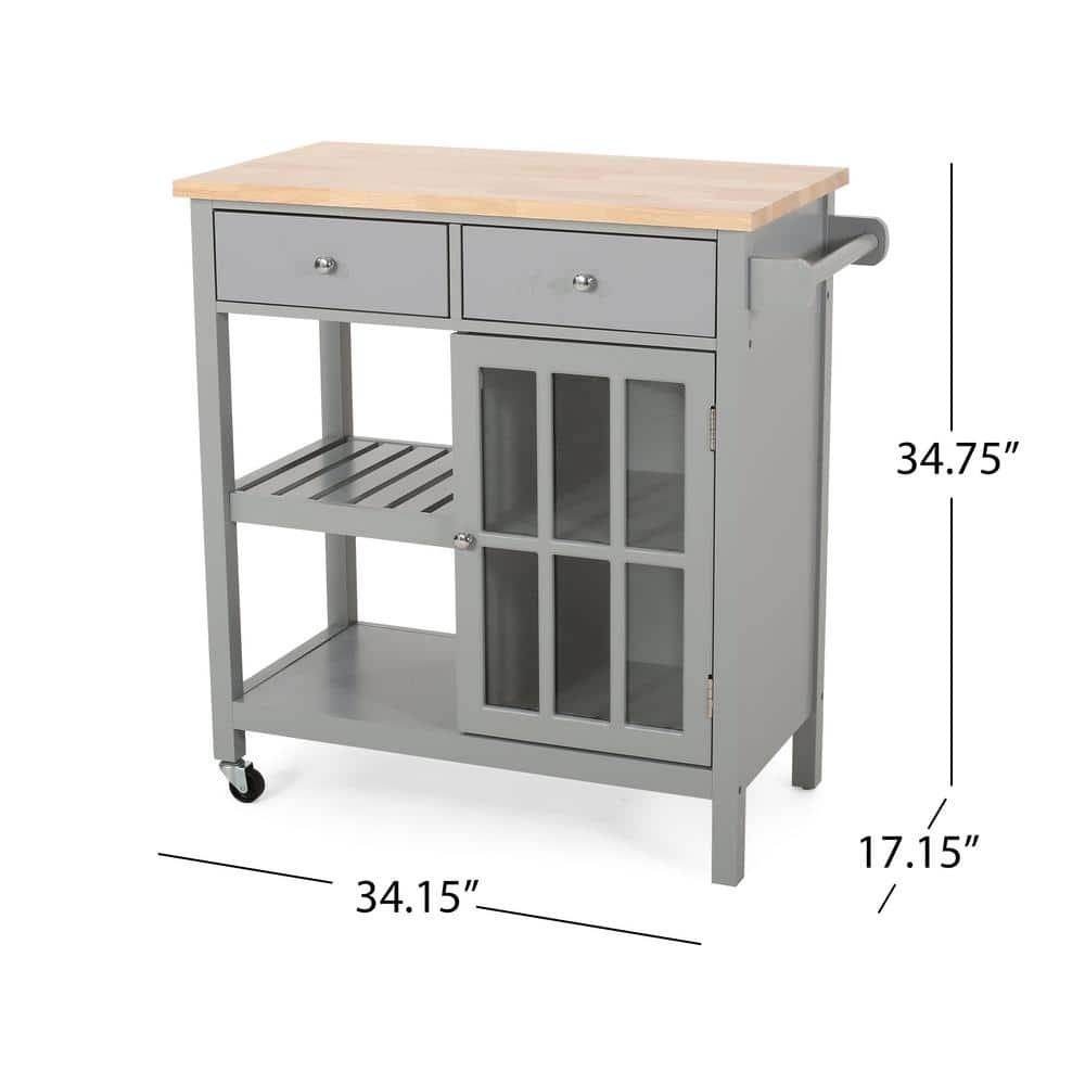 Noble House Rodrick Rubberwood Kitchen Cart, Gray, Natural