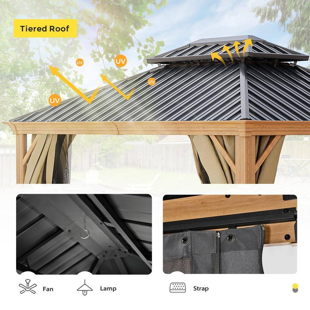 10 ft. x 12 ft. Double Roof Hardtop Wood Grain Aluminum Patio Gazebo with Netting and Khaki Curtains