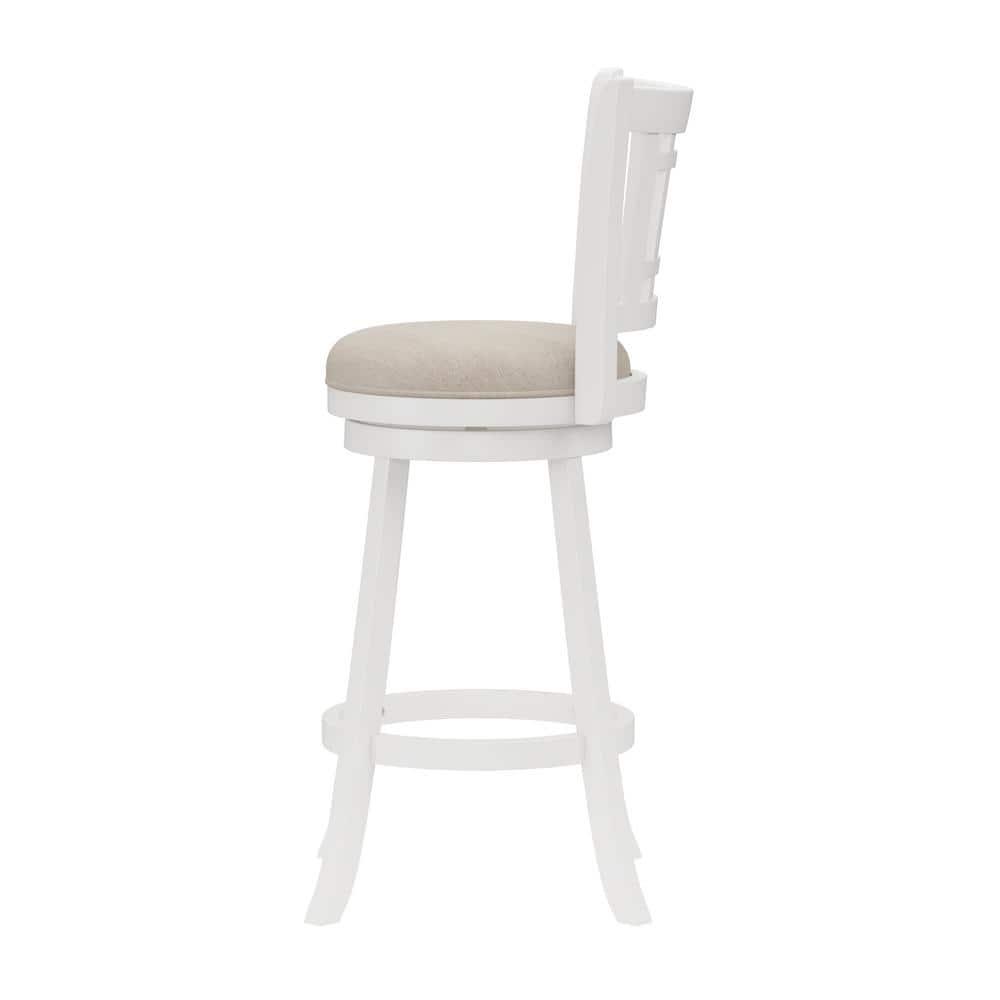 Elegant White Swivel Bar Stool with Beige Fabric Seat and Wood Accents