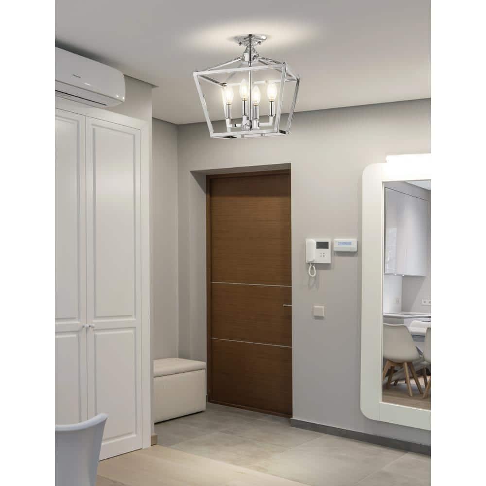Plains Mini Lantern 12 in. 4-Light Chrome Iron Modern Farmhouse LED Flush Mount
