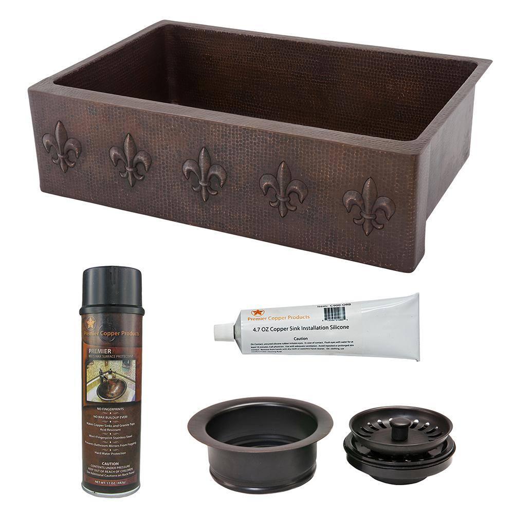 33" Hammered Copper Kitchen Apron Single Basin Sink w/ Fleur De Lis with Matching Drain and Accessories