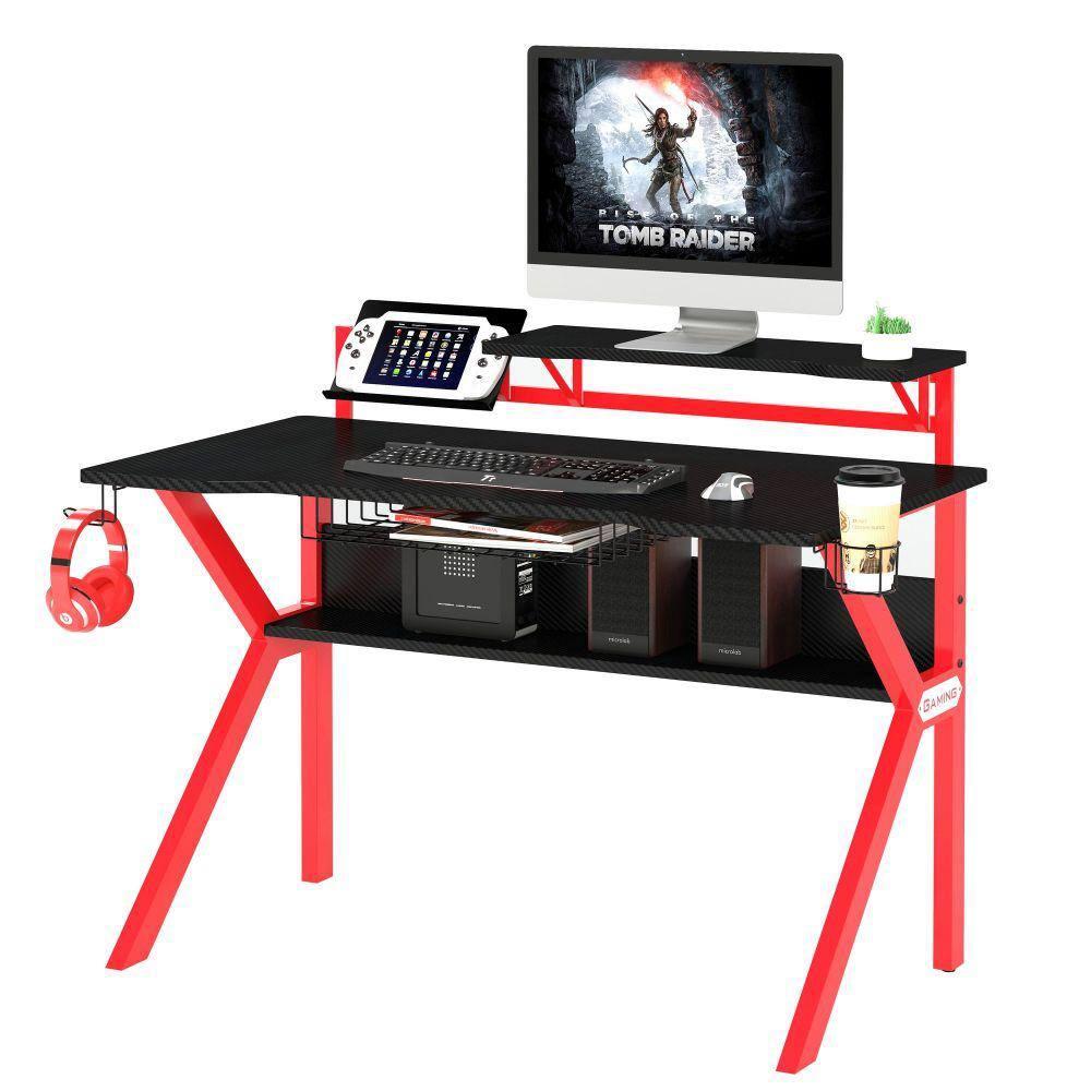 PVC Coated Ergonomic Metal Frame Gaming Desk Black/Red - The Urban Port: Elevated Monitor Shelf, K-Shaped Legs, Headphone Holder