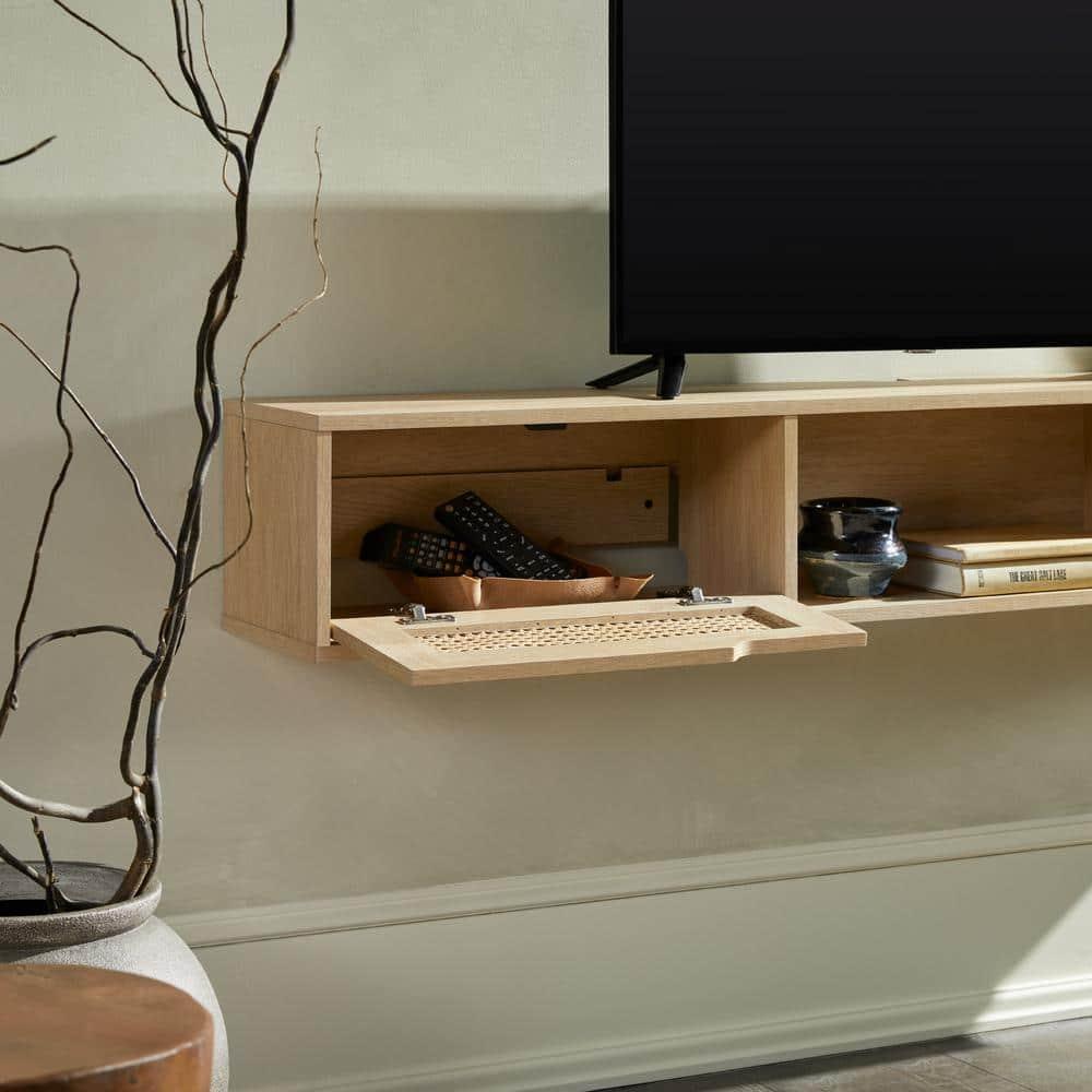 Walker Edison Modern Floating Rattan-Door TV Stand for TVs up to 65”, Coastal Oak