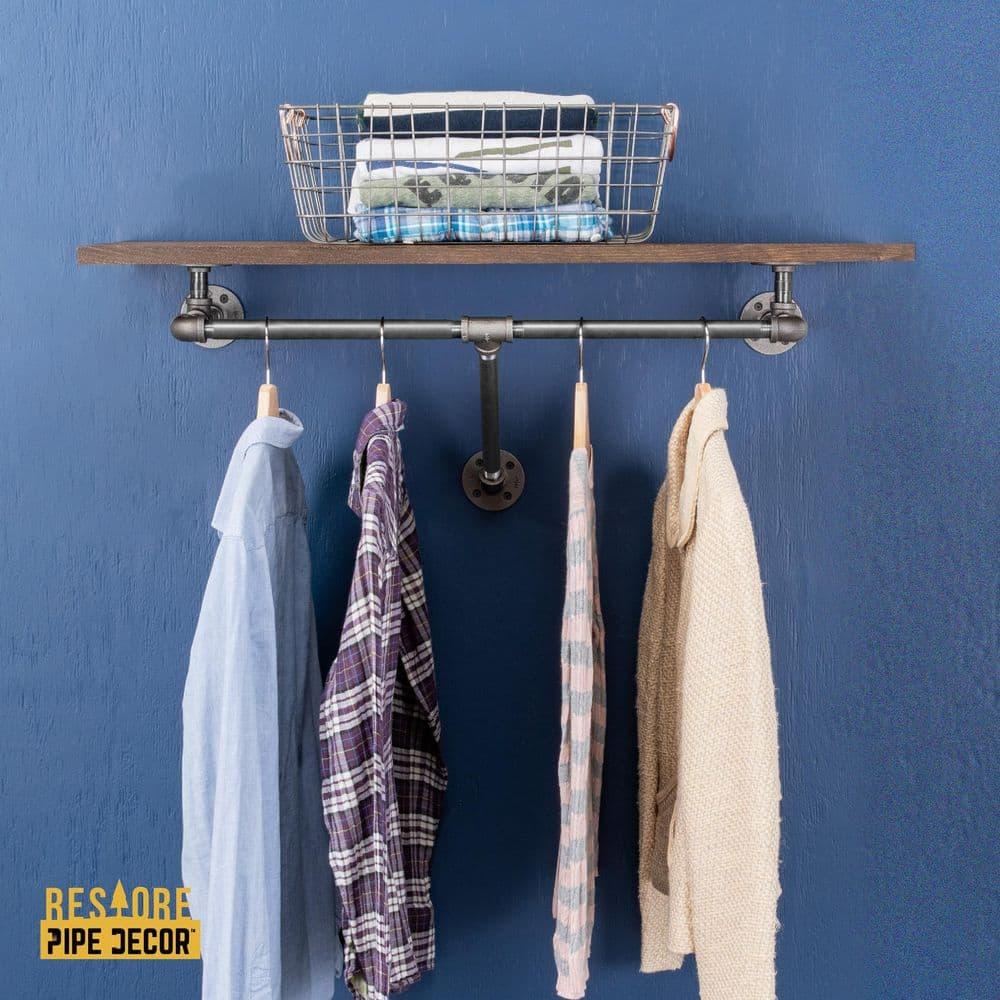 PIPE DECOR  24" Wall Mounted Clothing Rack with Wood Shelf and Industrial Steel Pipe Boulder Black