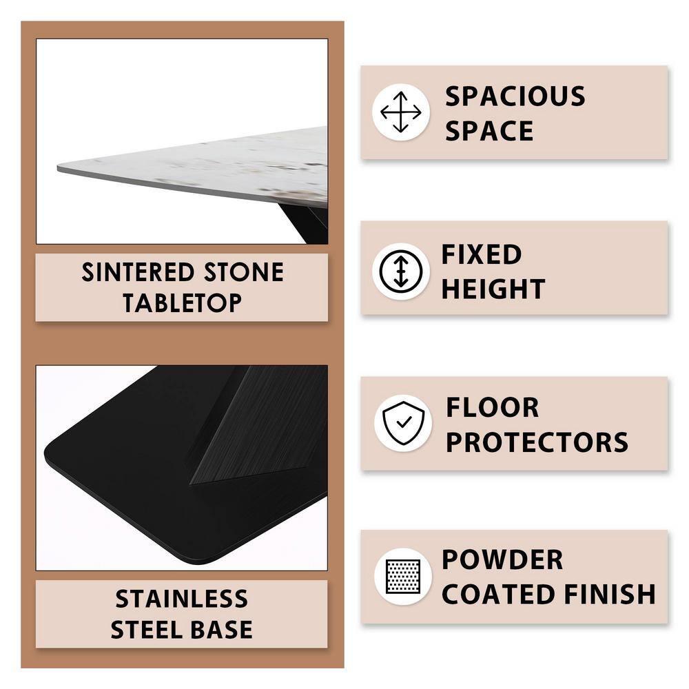 LeisureMod Voren Modern Dining Table with 62" Rectangular Sintered Stone or Glass Wide Tabletop and Black Steel Legs for Home, Kitchen, Dining or Conference Room in White Grey