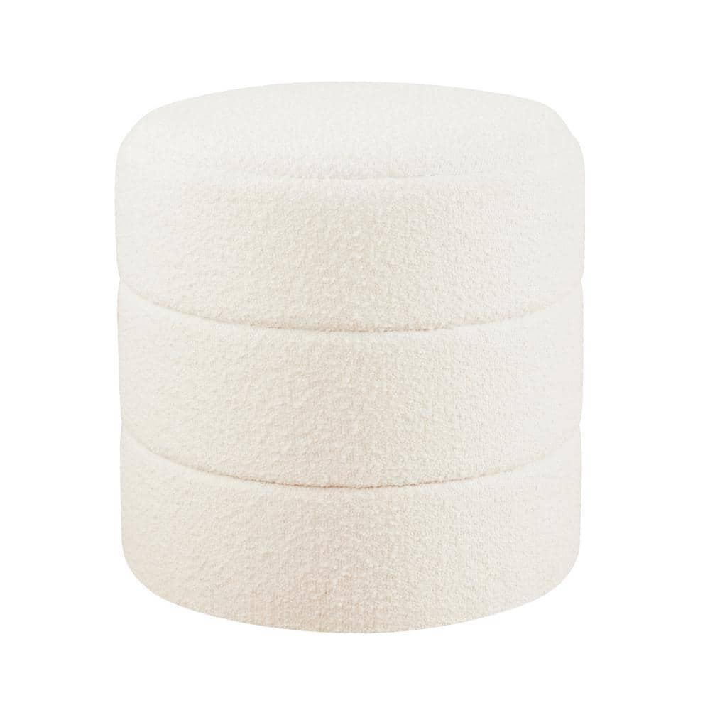 Round Upholstered Ottoman Cream Boucle - HomePop: Textured, No Assembly, 250lb Capacity