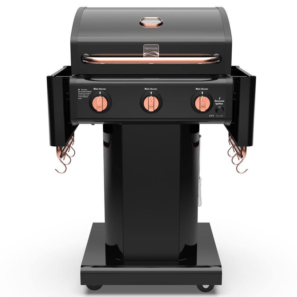 Kenmore 3-Burner Propane Gas Grill with Foldable Side Tables for Outdoor BBQ