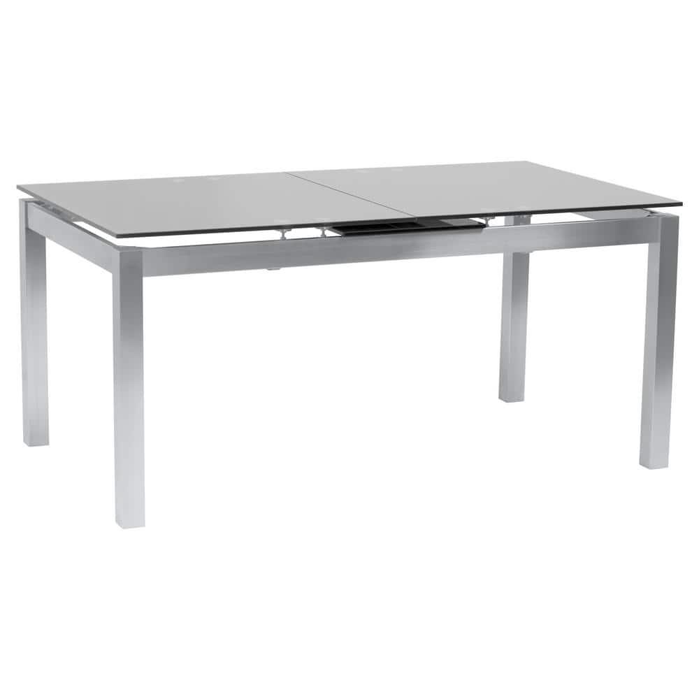 Armen Living IvanExtendable Dining Table in Brushed Stainless Steel and Gray Tempered Glass Top: Modern Self-Storing Leaf, Seats 6