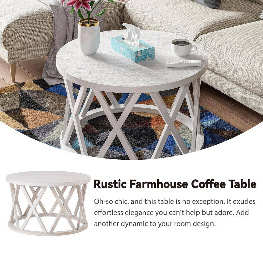 Antique White Round Wood Coffee Table with X-Motifs