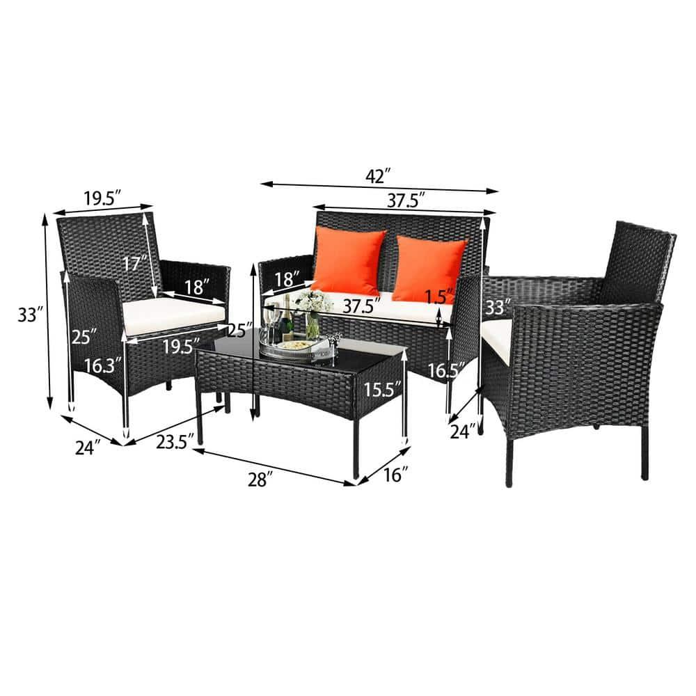 Costway 4PCS Patio Rattan Furniture Set Cushioned Sofa Coffee Table Backyard Porch White