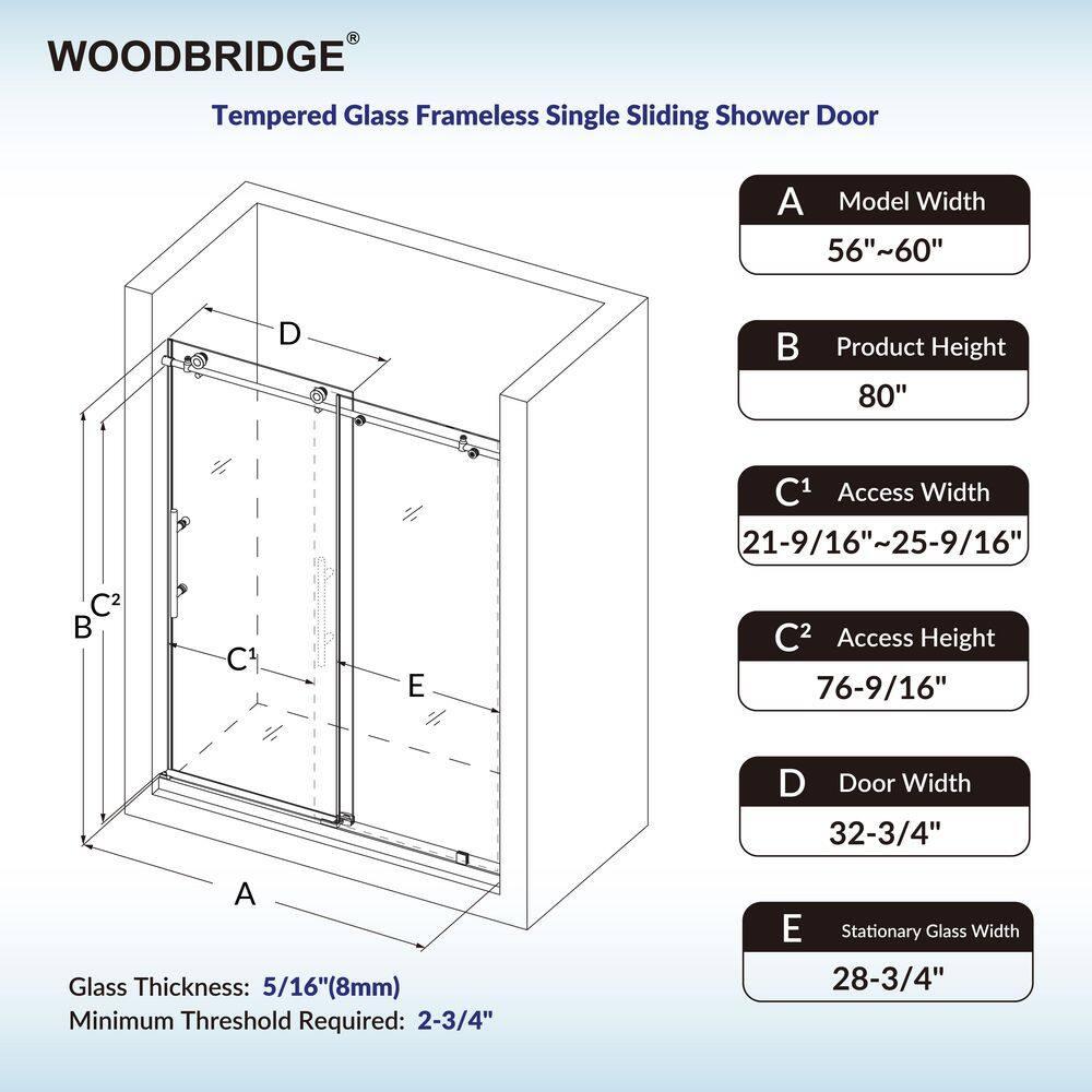 WoodBridge 44-48" W x 80" H Double Sliding Semi- Frameless Shower Door with 5/16"(8mm) Clear Tempered Glass SURFK-4880--CH