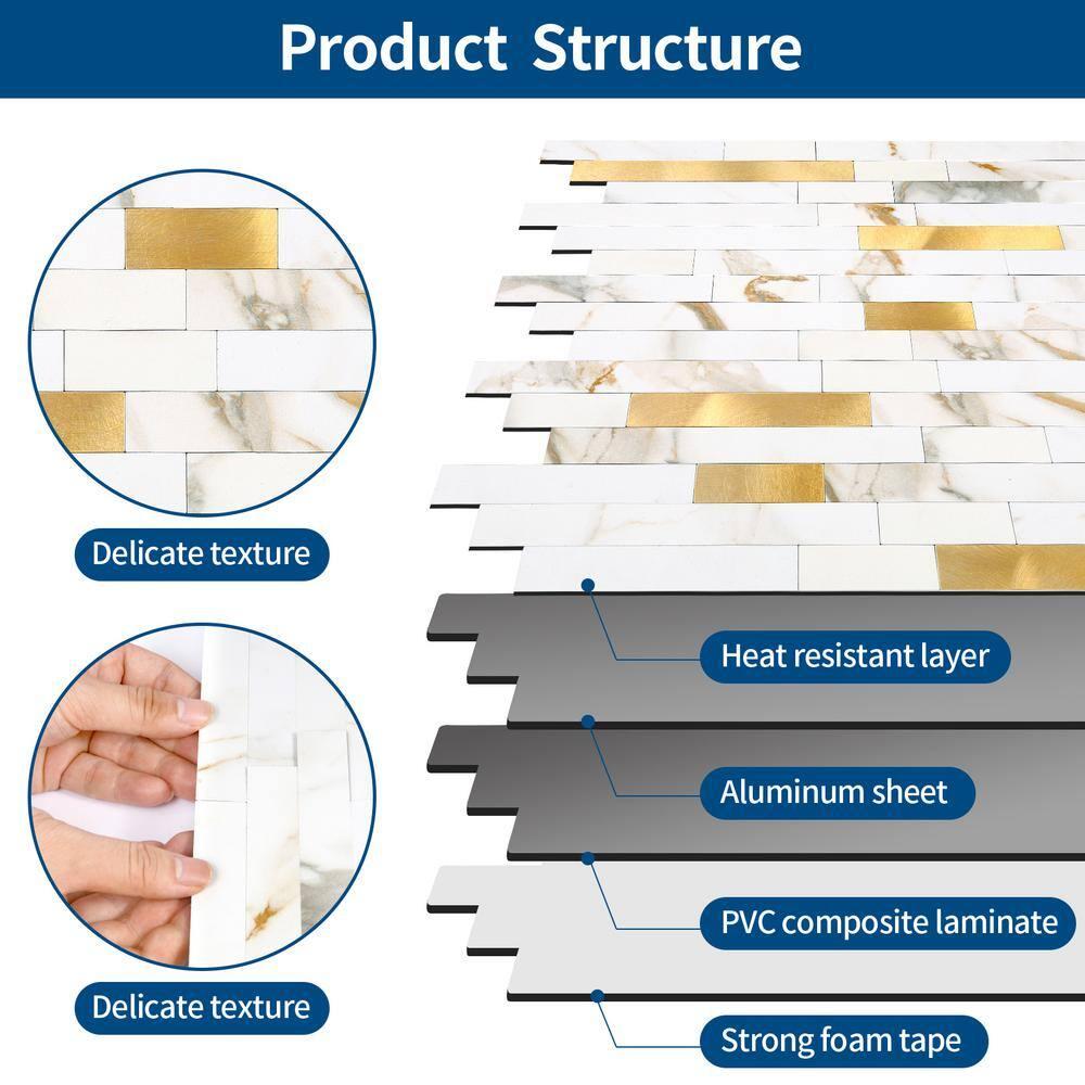 10-Pack Peel and Stick Tile Backsplash 12"X12" PVC Wall Tiles, Stick on Backsplash for Kitchen, Bathroom Tile, Fireplace Décor, Laundry Table, Stair Decals in Cala Golden