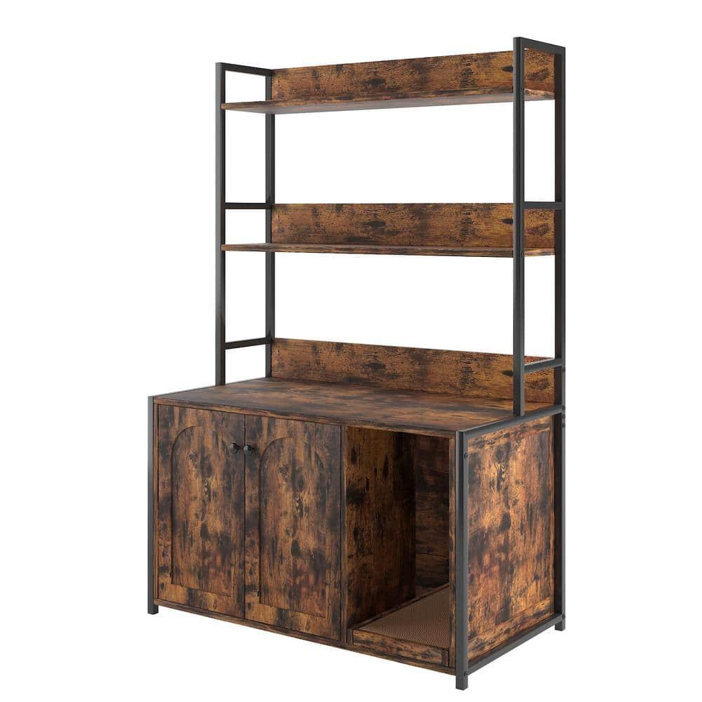 Cat Litter Box Enclosure Furniture Hidden with Barn Door Large Wooden Cat Washroom Furniture with Multi Layered Shelf Storage Wooden Cat House Furniture Storage Sturdy Indoor Cat Cabinet