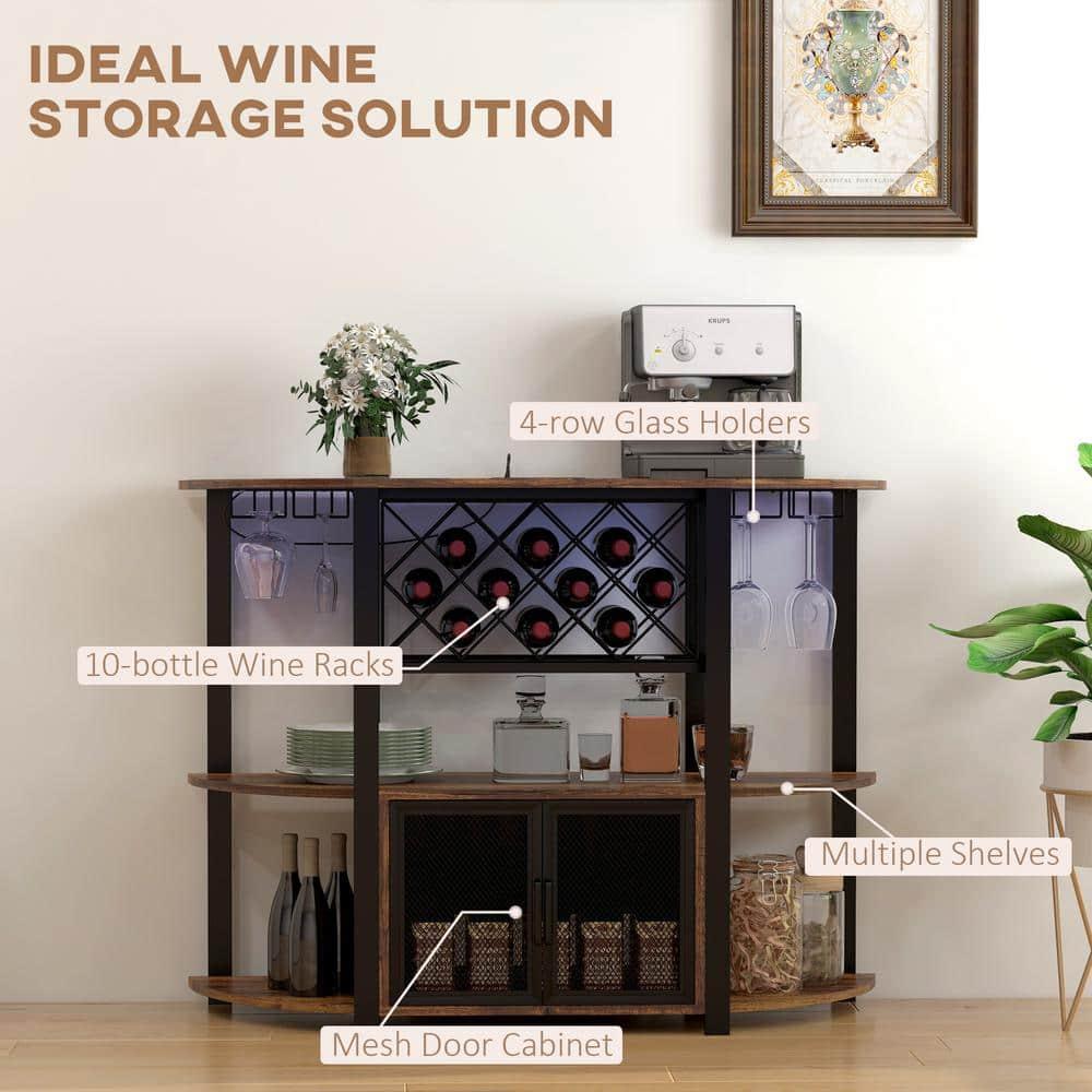 HOMCOM Wine Cabinet with Charging Station and LED Lights, Bar Cabinet with Wine Racks, Glass Holders, Mesh Doors and Open Shelves, Rustic Brown