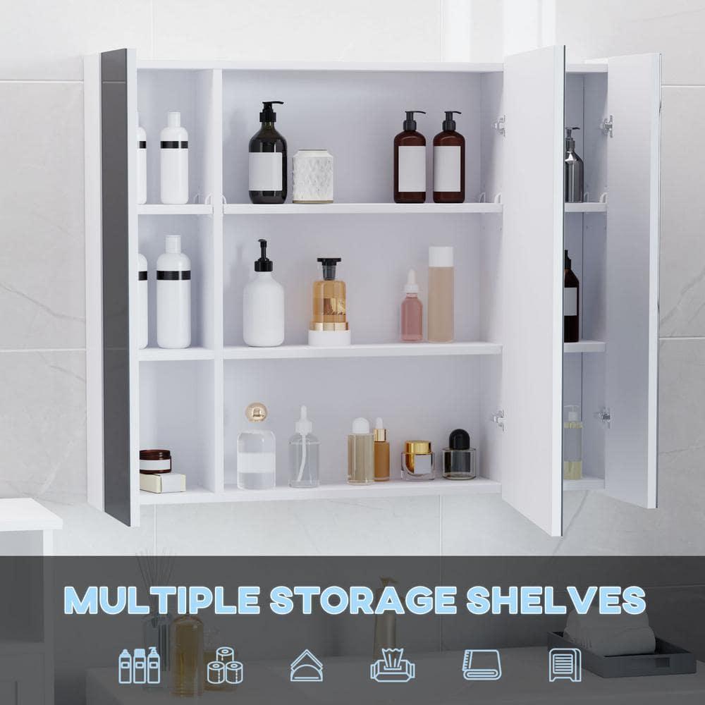 kleankin LED Medicine Cabinet, Wall-Mounted Bathroom Vanity Mirror Organizer with Dimmer Touch Switch, Three Doors, and USB Charged, White