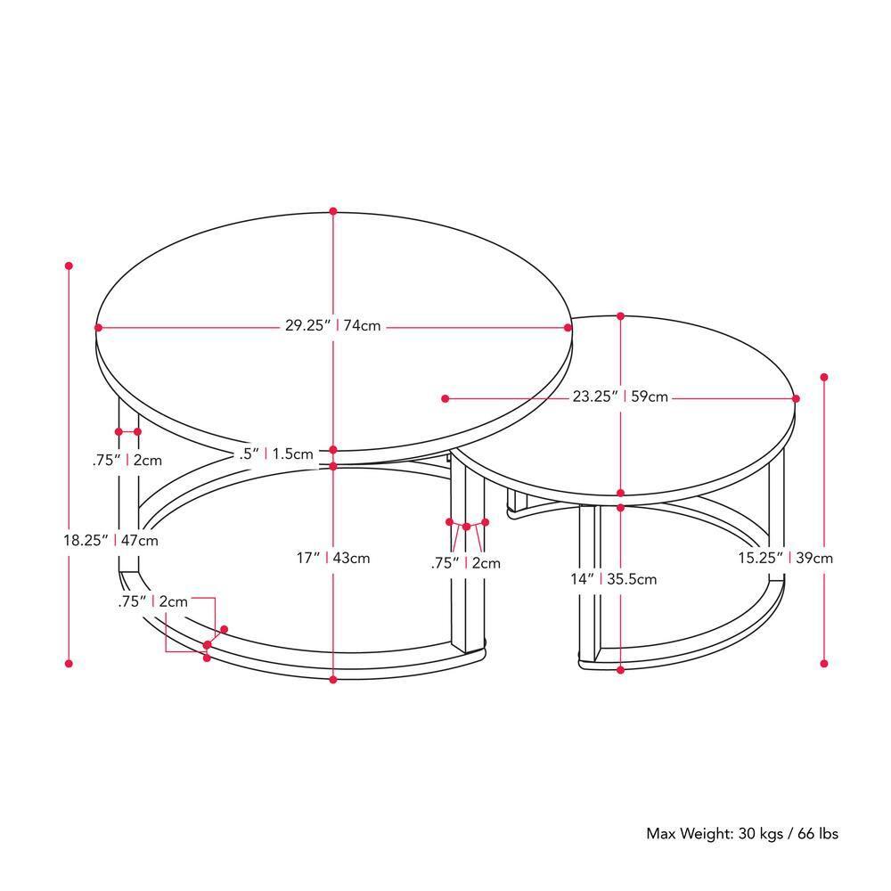 Set of 2 Wood Grain Finish Forth Worth Round Nesting Coffee Table Light Brown - CorLiving: Metal Legs, Small Space Design