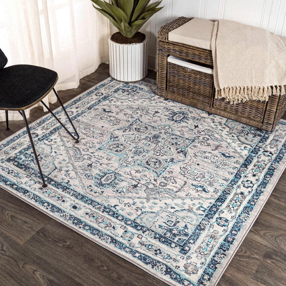 5'x5' Modern Persian Vintage Medallion Area Rug, Light Grey/Blue - JONATHAN Y