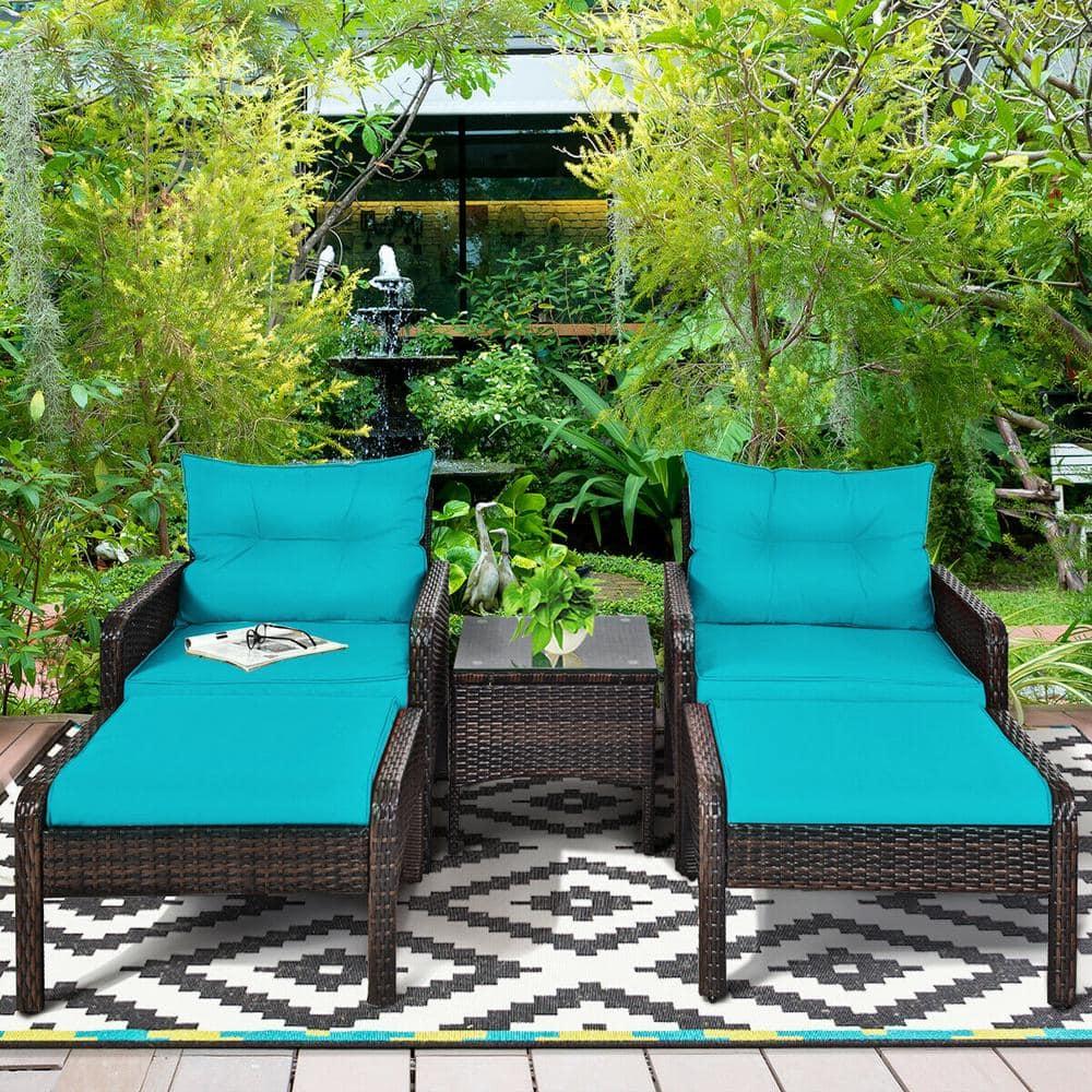 Spaco 5 Pieces Patio Rattan Sofa Ottoman Furniture Set with Cushions, Conversation Set with 2 Single Chairs, 2 Ottomans and A Side Table, Ottoman Furniture Set for Outdoor, Turquoise