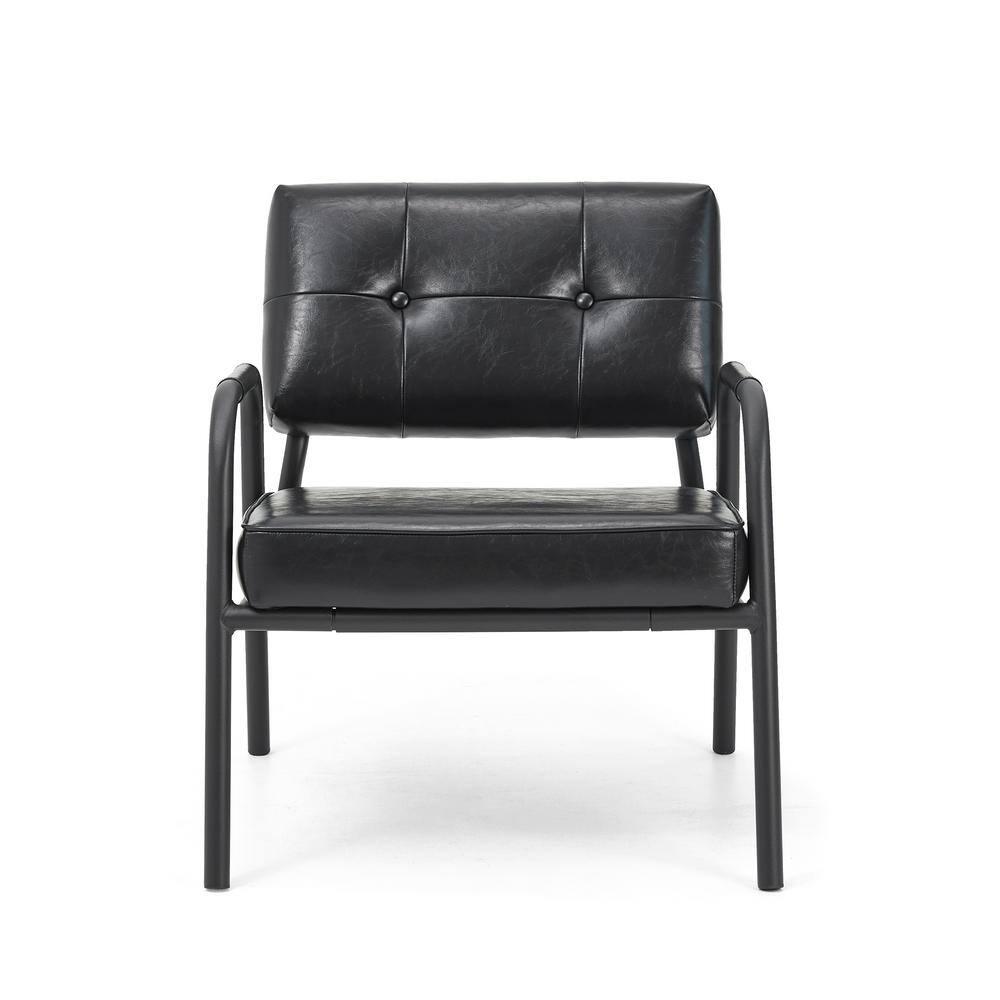 Mid-Century Modern Leatherette Arm Accent Chair Frosted Black Metal Frame Black - Glitzhome